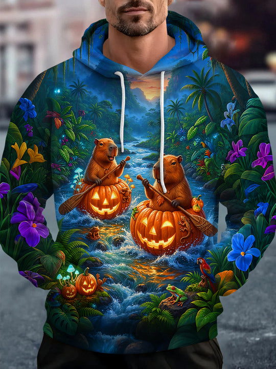 Adaychic Men's Long Sleeve Hoodie - Halloween Capybaras In Jack-o-lantern Boats Print