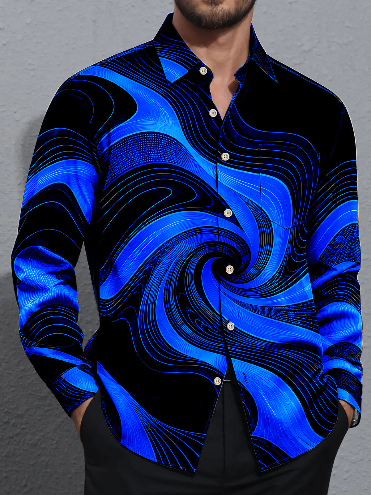 Adaychic Men's Abstract Abstract Blue And Black Swirl Pattern Long Sleeve Shirt with Chest Pocket