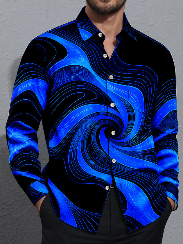 Adaychic Men's Abstract Abstract Blue And Black Swirl Pattern Long Sleeve Shirt with Chest Pocket