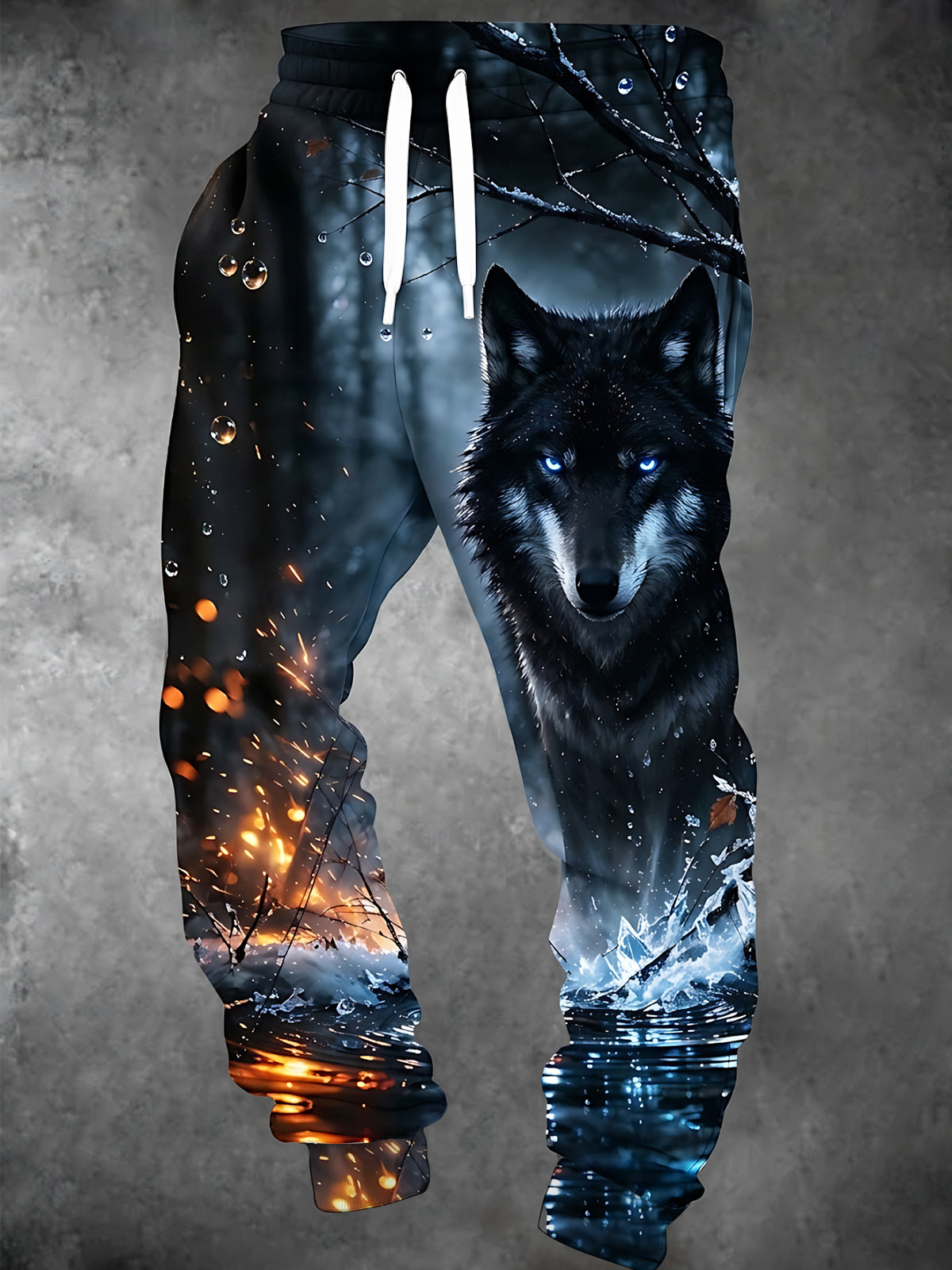 Adaychic Men's Graphic Black Wolf With Blue Eyes In Winter Forest Print Pants