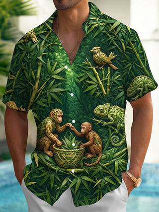 Adaychic Men's Short Sleeve Shirt - Bamboo Weave Monkeys And Chameleon Birds Print with Chest Pocket