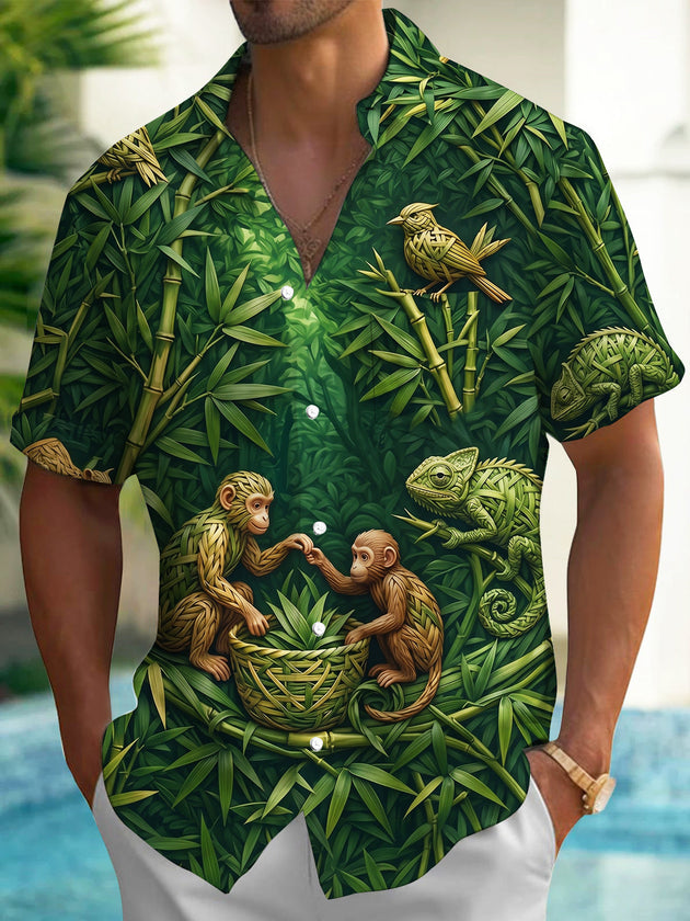 Adaychic Men's Short Sleeve Shirt - Bamboo Weave Monkeys And Chameleon Birds Print with Chest Pocket