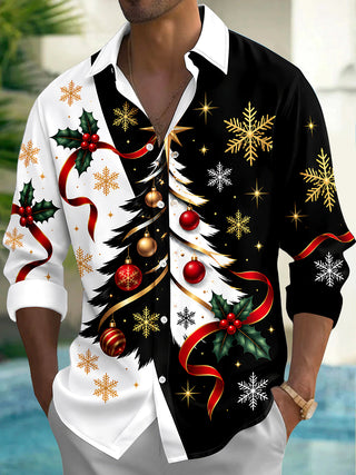 Adaychic Men's Christmas Tree With Ornaments And Holly Print Long Sleeve Shirt with Chest Pocket