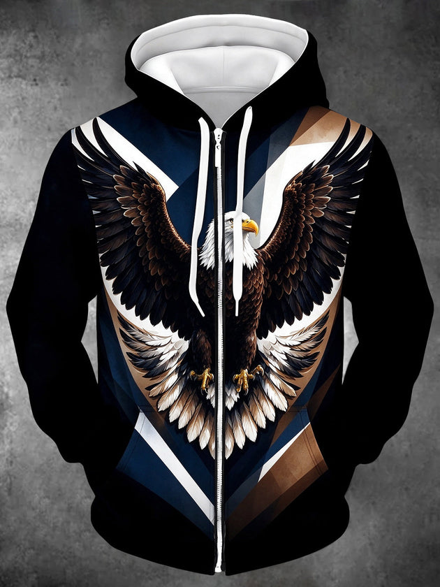 Adaychic Men's Bald Eagle With Spread Wings Print Long Sleeve Zip-Up Hoodie with Kangaroo Pocket