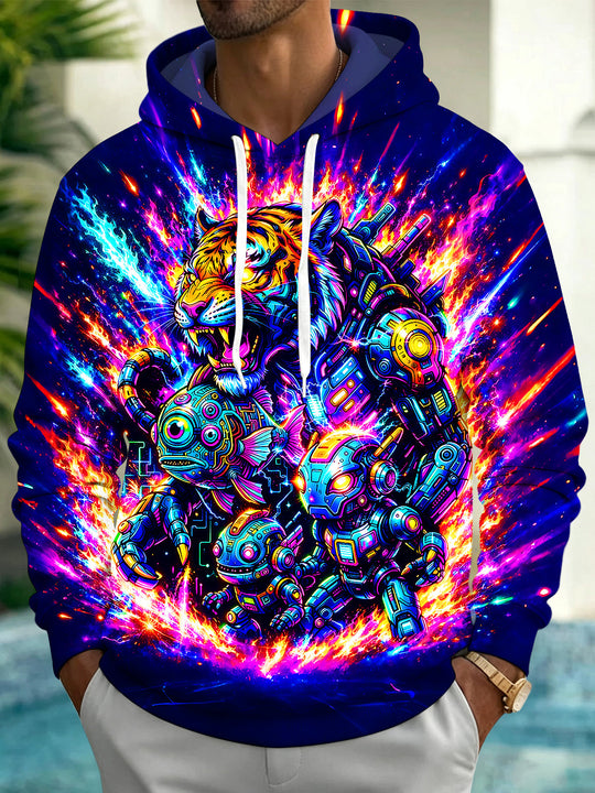 Adaychic Men's Graphic Cybernetic Tiger And Robots Print Long Sleeve Hoodie