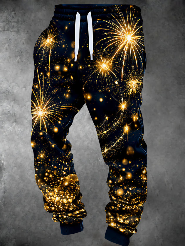 Adaychic Men's Golden Fireworks And Sparkles Print Pants