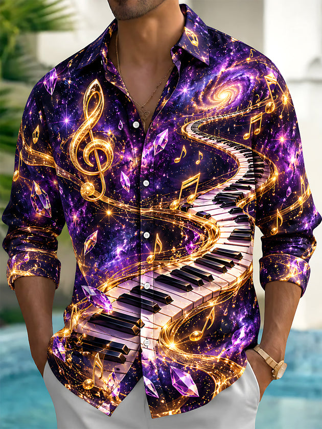 Adaychic Men's Graphic Piano Keyboard And Musical Notes Print Long Sleeve Shirt with Chest Pocket