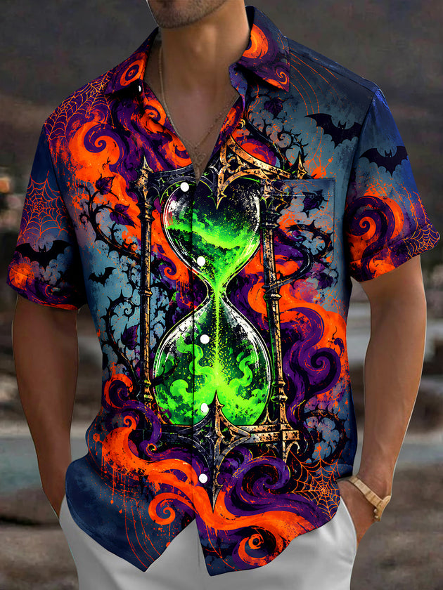 Adaychic Men's Short Sleeve Shirt - Halloween Gothic Hourglass With Green Liquid Print with Chest Pocket