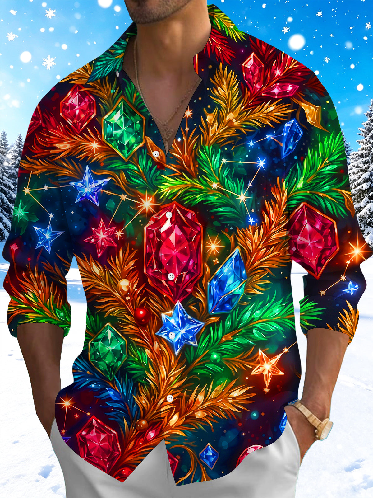 Adaychic Men's Christmas Gemstones And Pine Branches Print Long Sleeve Shirt with Chest Pocket