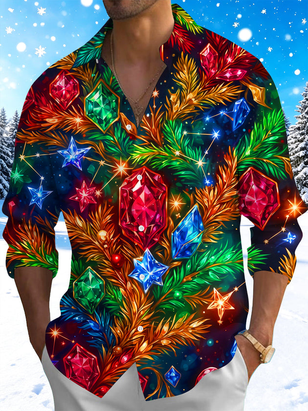 Adaychic Men's Christmas Gemstones And Pine Branches Print Long Sleeve Shirt with Chest Pocket