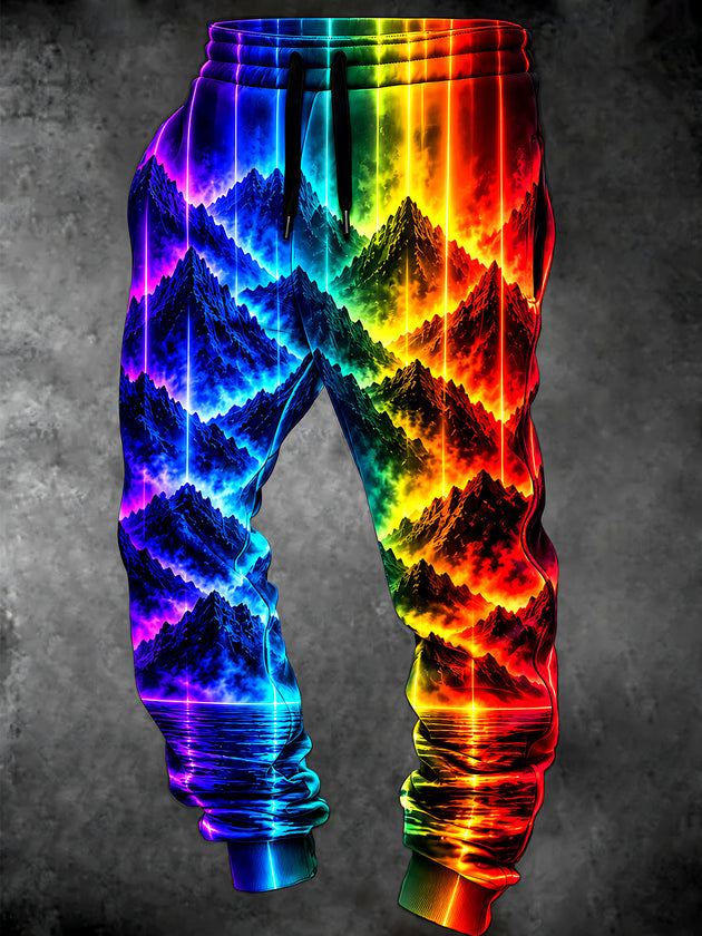 Adaychic Men's Pants - Neon Rainbow Mountain Landscape With Vertical Light Strips Print