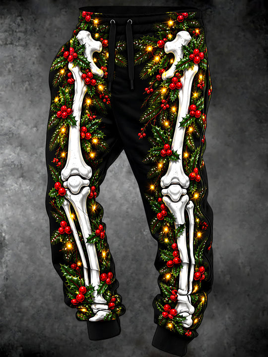 Adaychic Men's Graphic Skeleton Bones And Christmas Wreath Print Pants