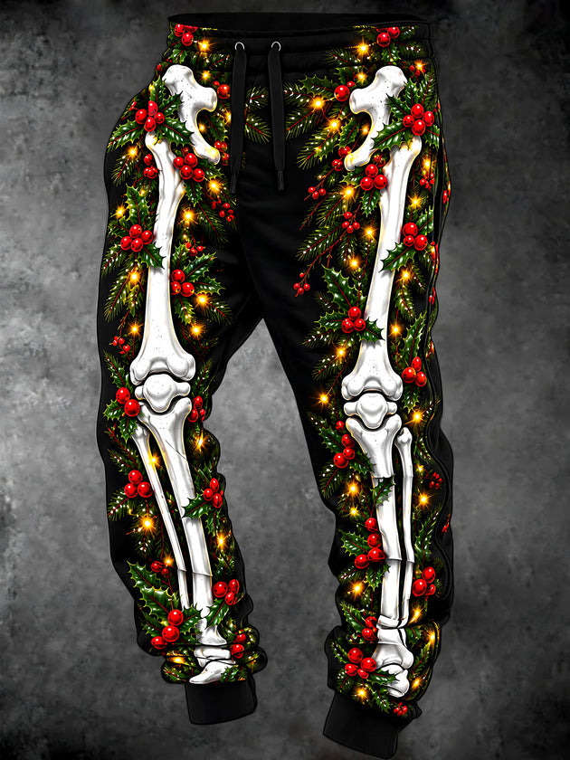 Adaychic Men's Graphic Skeleton Bones And Christmas Wreath Print Pants