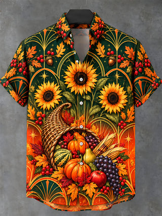 Adaychic Men's Short Sleeve Stand Collar Shirt - Thanksgiving Day Sunflowers And Cornucopia With Autumn Harvest Print with Chest Pocket