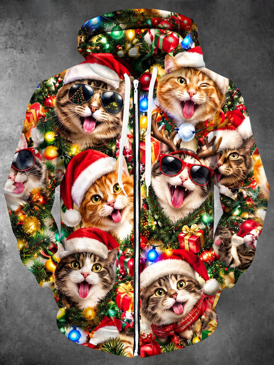 Adaychic Men's Long Sleeve Zip-Up Hoodie - Christmas Cats With Santa Hats And Reindeer Antlers Print with Kangaroo Pocket