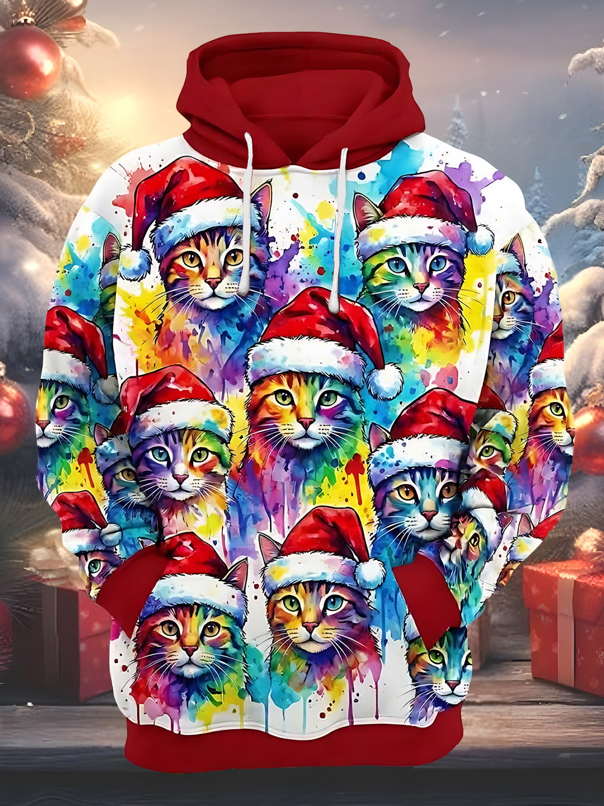 Adaychic Men's Graphic Rainbow Cats With Santa Hats Print Long Sleeve Hoodie