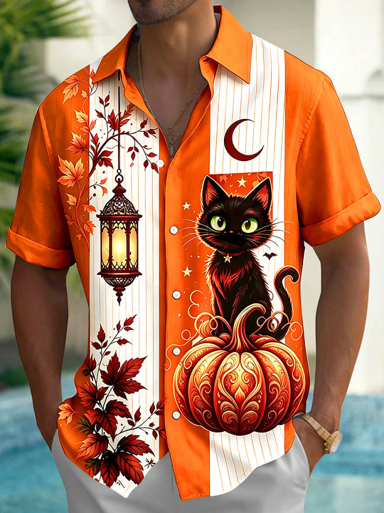 Adaychic Men's Graphic Halloween Black Cat And Pumpkin Print Short Sleeve Shirt with Chest Pocket