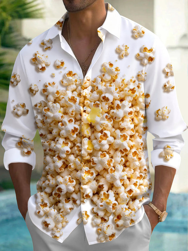 Adaychic Men's Popcorn Kernels Print Long Sleeve Shirt with Chest Pocket