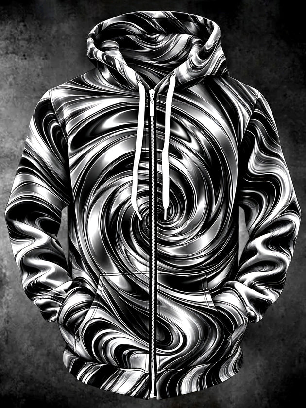 Adaychic Men's Abstract Abstract Swirl Pattern Long Sleeve Zip-Up Hoodie