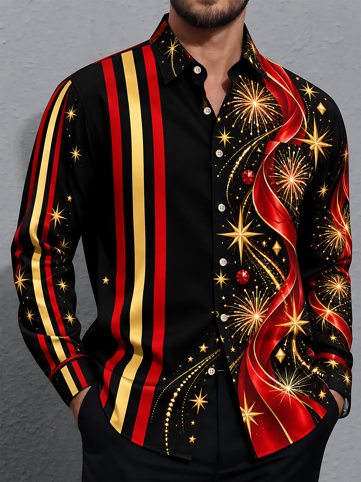 Adaychic Men's Striped Fireworks And Striped Ribbons Print Long Sleeve Shirt with Chest Pocket