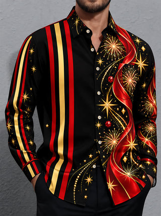 Adaychic Men's Striped Fireworks And Striped Ribbons Print Long Sleeve Shirt with Chest Pocket