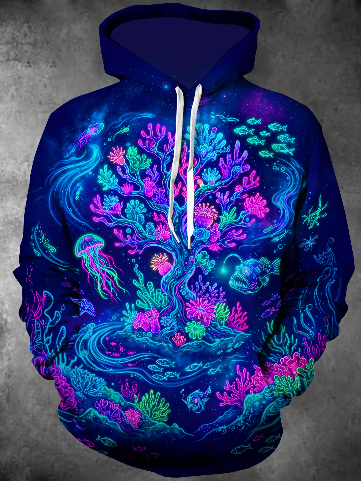 Adaychic Men's Neon Deep Sea Coral Reef And Jellyfish Print Long Sleeve Hoodie