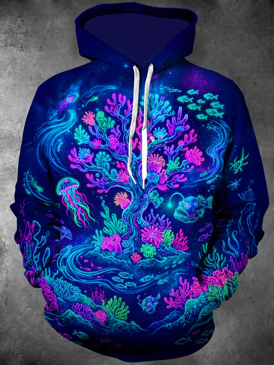 Adaychic Men's Neon Deep Sea Coral Reef And Jellyfish Print Long Sleeve Hoodie