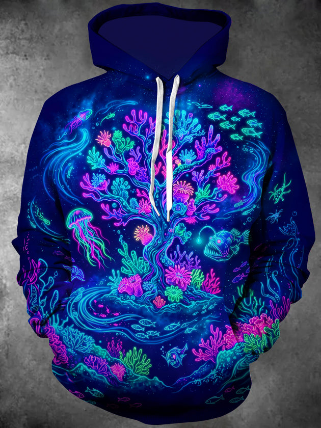 Adaychic Men's Neon Deep Sea Coral Reef And Jellyfish Print Long Sleeve Hoodie