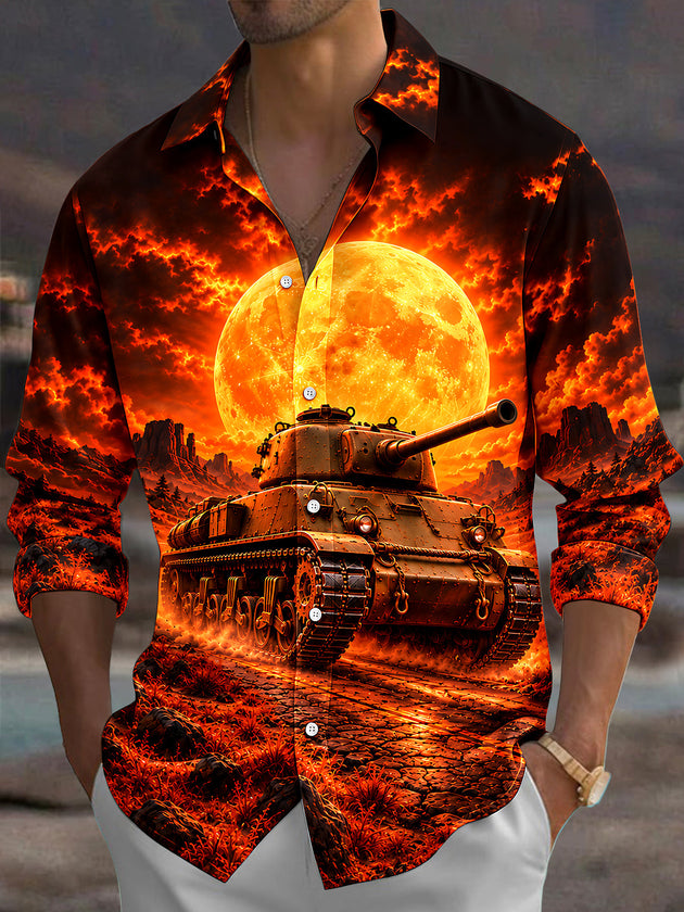 Adaychic Men's Graphic Tank And Fiery Landscape Print Long Sleeve Shirt with Chest Pocket