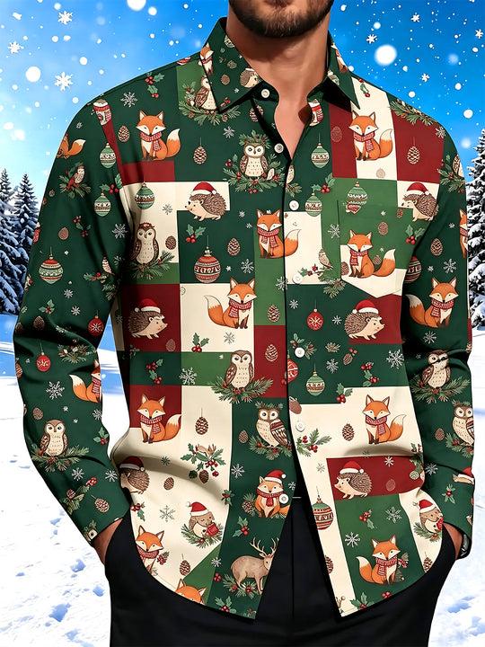 Adaychic Men's Forest Animals And Christmas Ornaments Print Long Sleeve Shirt with Chest Pocket