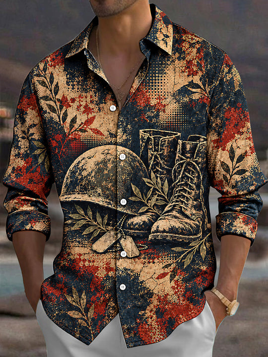Adaychic Men's Long Sleeve Shirt - Veterans Day Military Helmet Boots And Dog Tags With Laurel Leaves Print with Chest Pocket