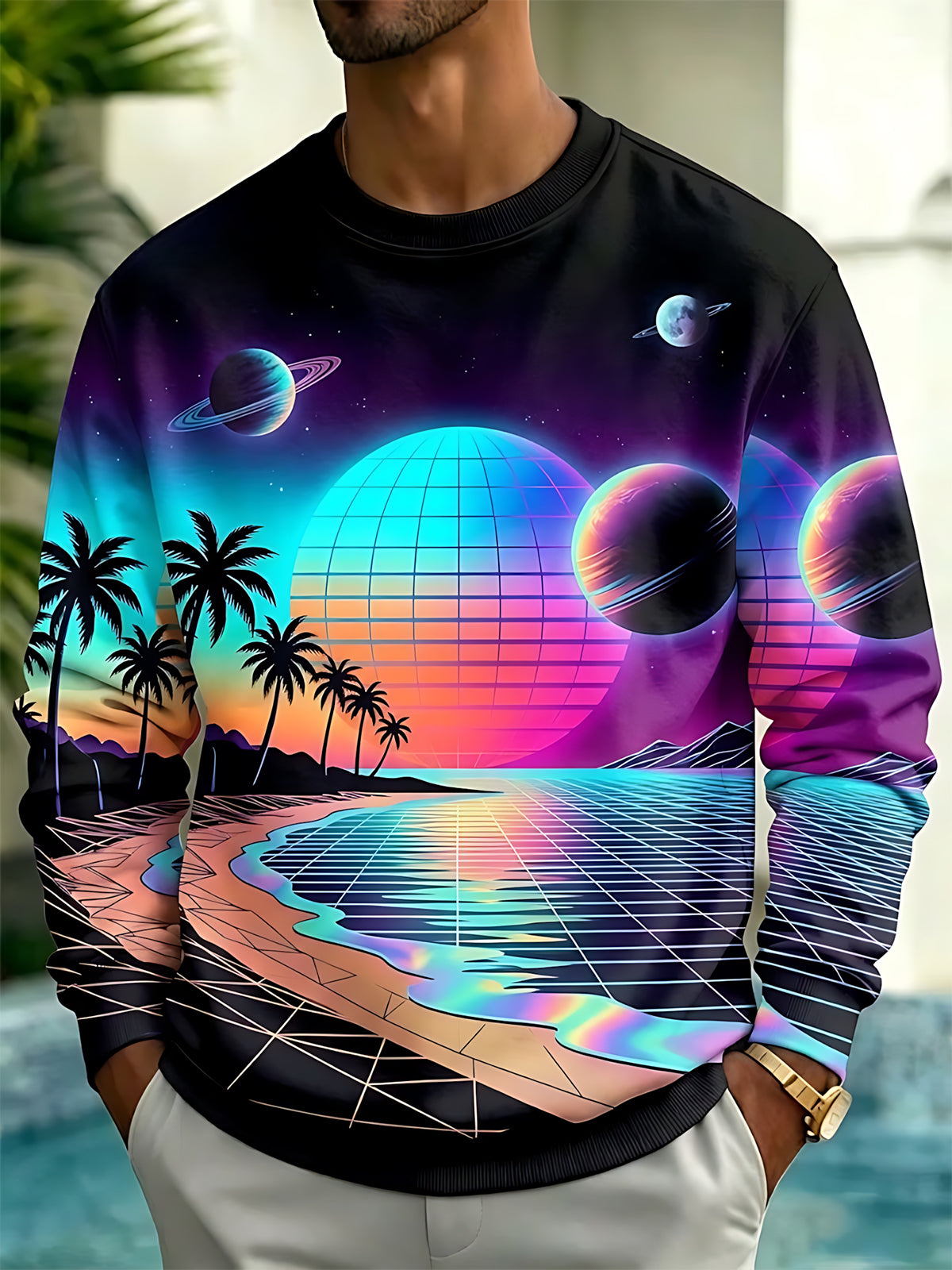 Adaychic Men's Long Sleeve Hoodie - Retro Synthwave Space Landscape With Palm Trees And Planets Print