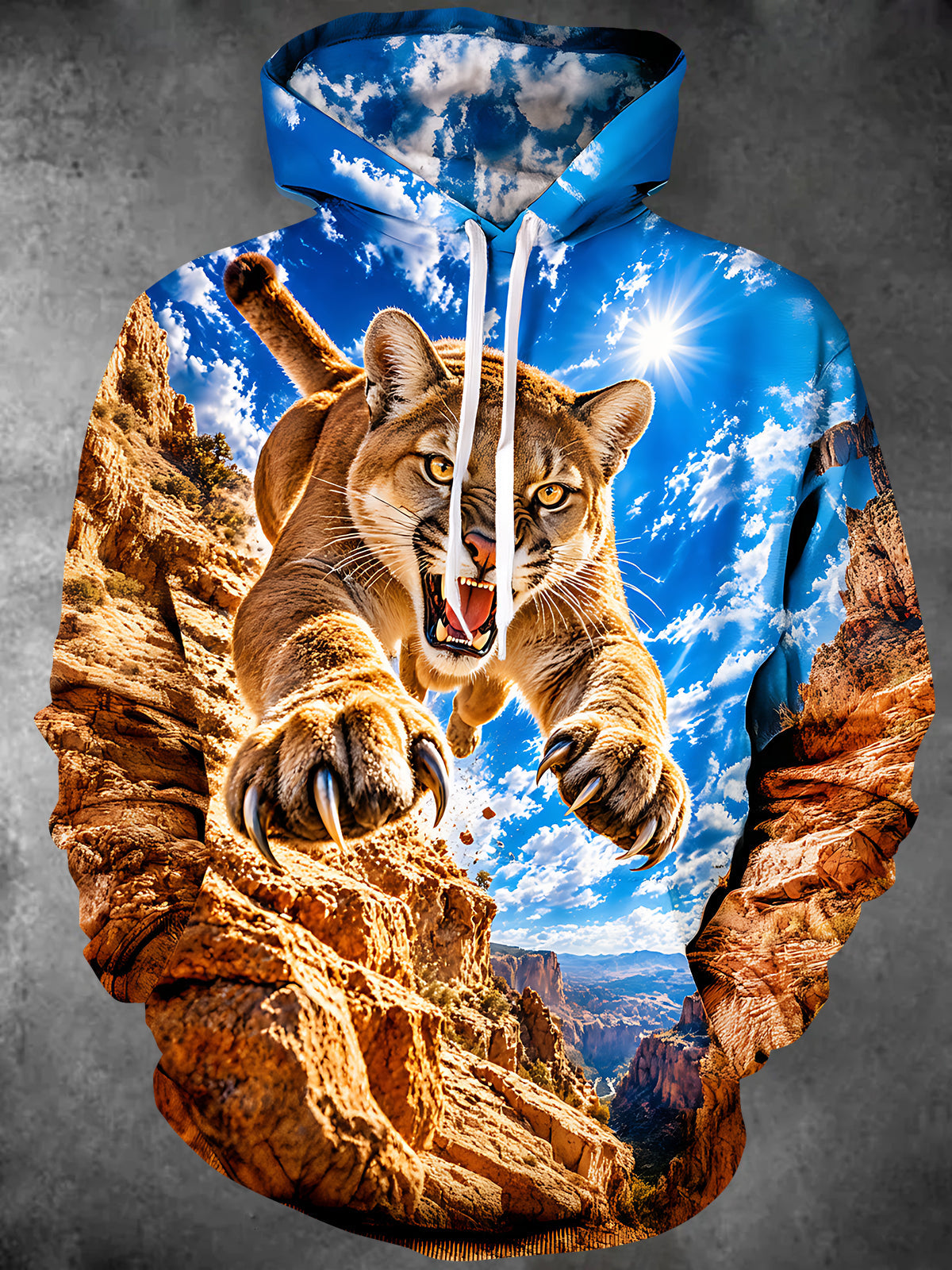 Adaychic Men's Graphic Lion Jumping From Rocky Cliff Print Long Sleeve Hoodie