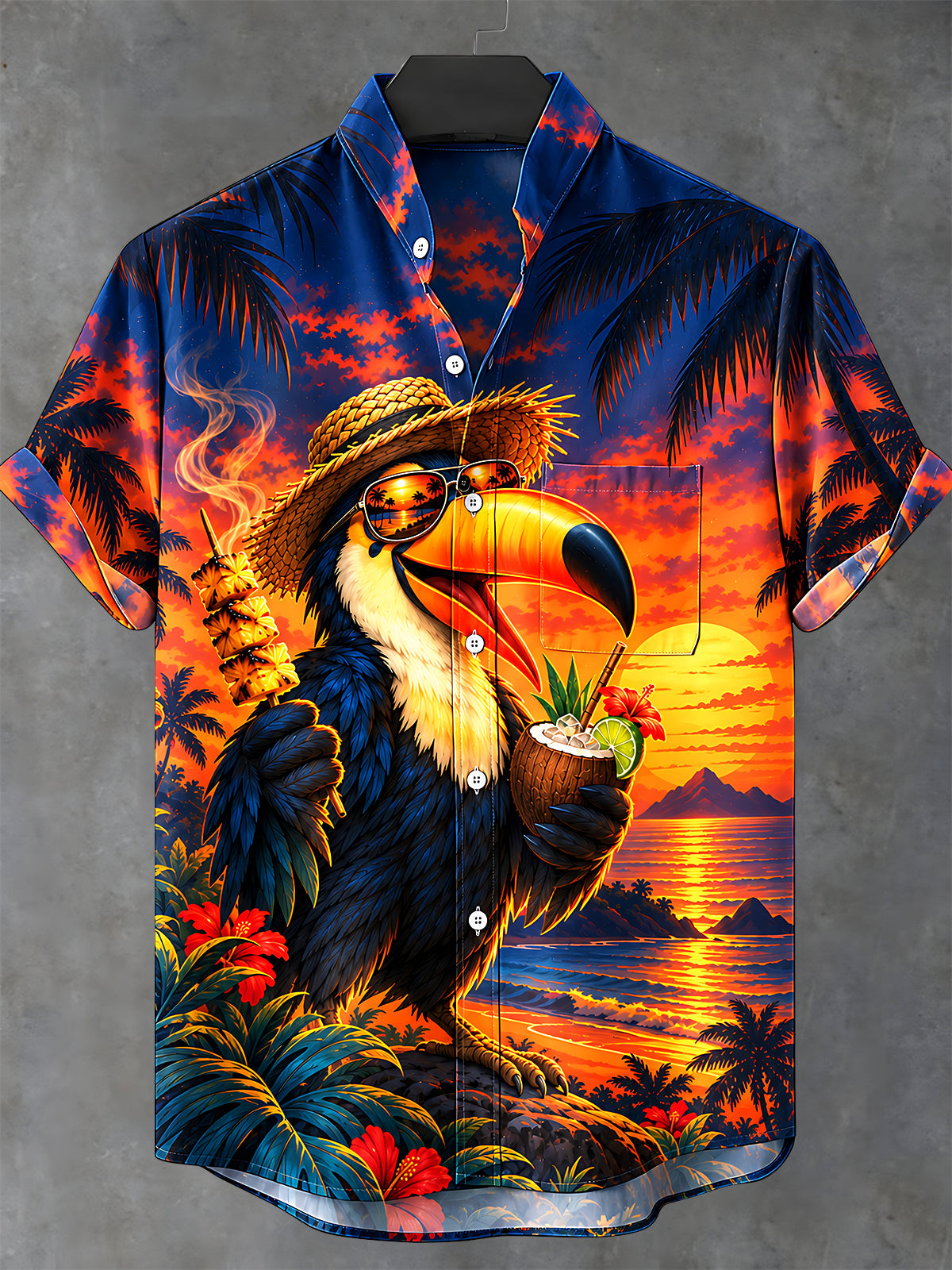 Adaychic Men's Short Sleeve Stand Collar Shirt - Big-billed Bird With Sunglasses And Straw Hat Print with Chest Pocket