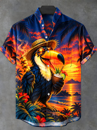 Adaychic Men's Short Sleeve Stand Collar Shirt - Big-billed Bird With Sunglasses And Straw Hat Print with Chest Pocket