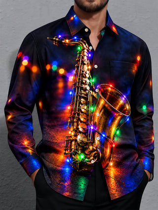 Adaychic Men's Saxophone And Christmas Light String Print Long Sleeve Shirt with Chest Pocket