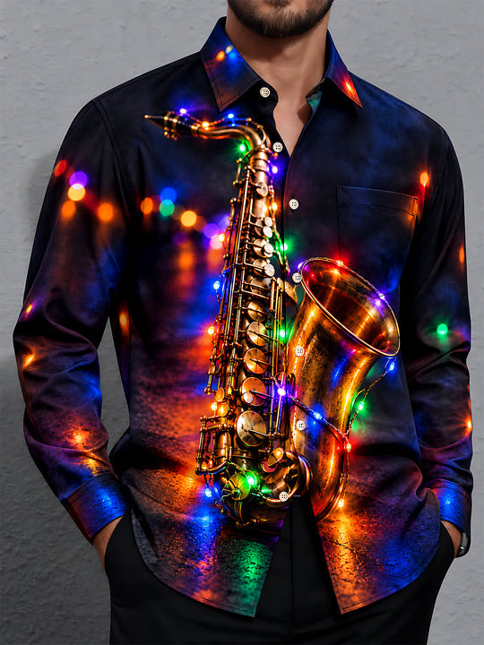 Adaychic Men's Saxophone And Christmas Light String Print Long Sleeve Shirt with Chest Pocket