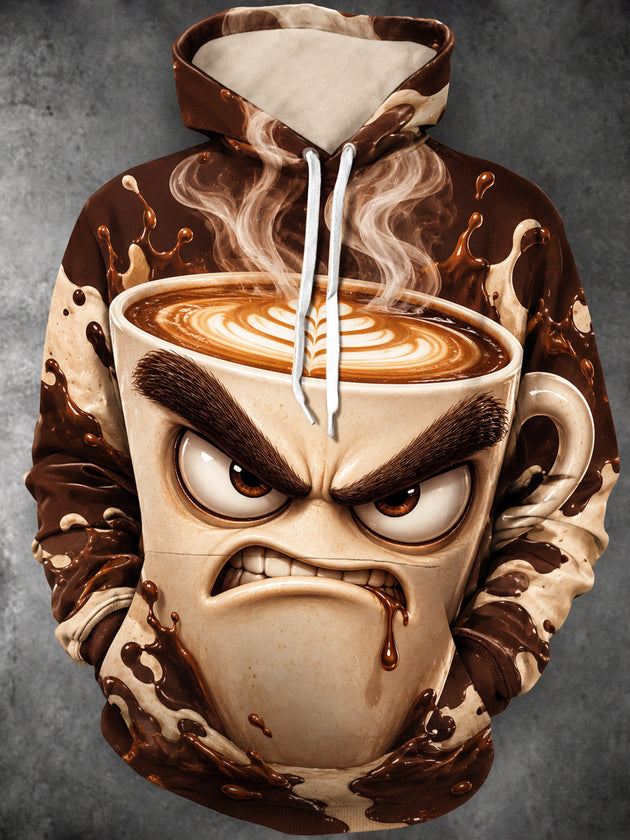 Adaychic Men's Angry Coffee Cup With Splashing Liquid Print Long Sleeve Hoodie