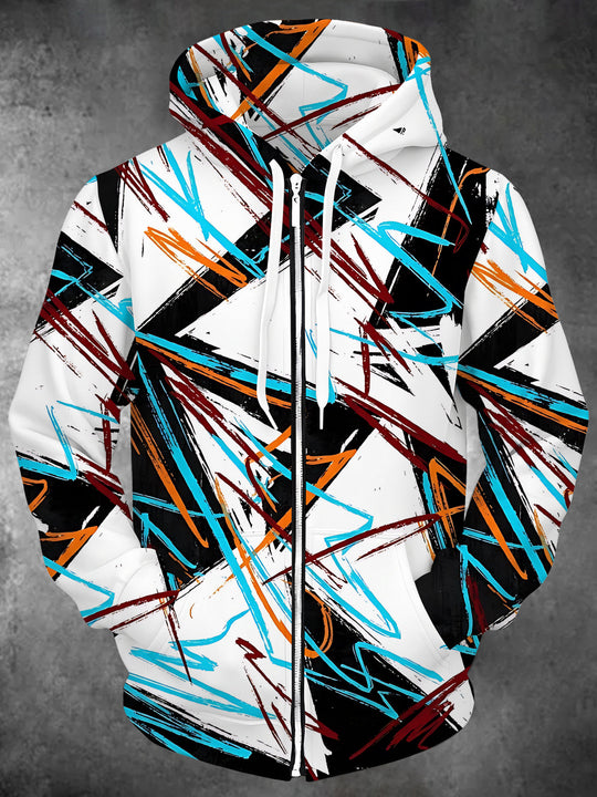 Adaychic Men's Abstract Geometric Brushstrokes Print Long Sleeve Zip-Up Hoodie