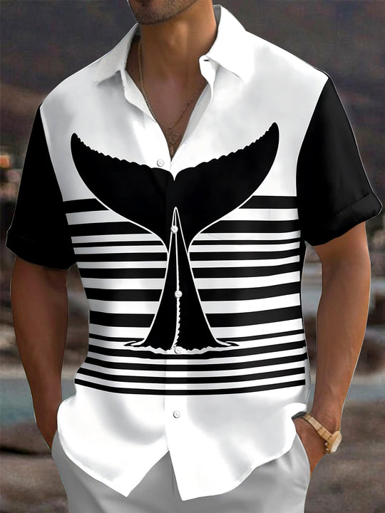 Adaychic Men's Striped Whale Tail And Stripes Print Short Sleeve Shirt with Chest Pocket