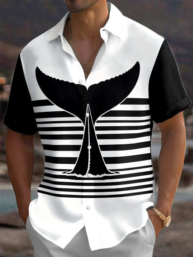 Adaychic Men's Striped Whale Tail And Stripes Print Short Sleeve Shirt with Chest Pocket