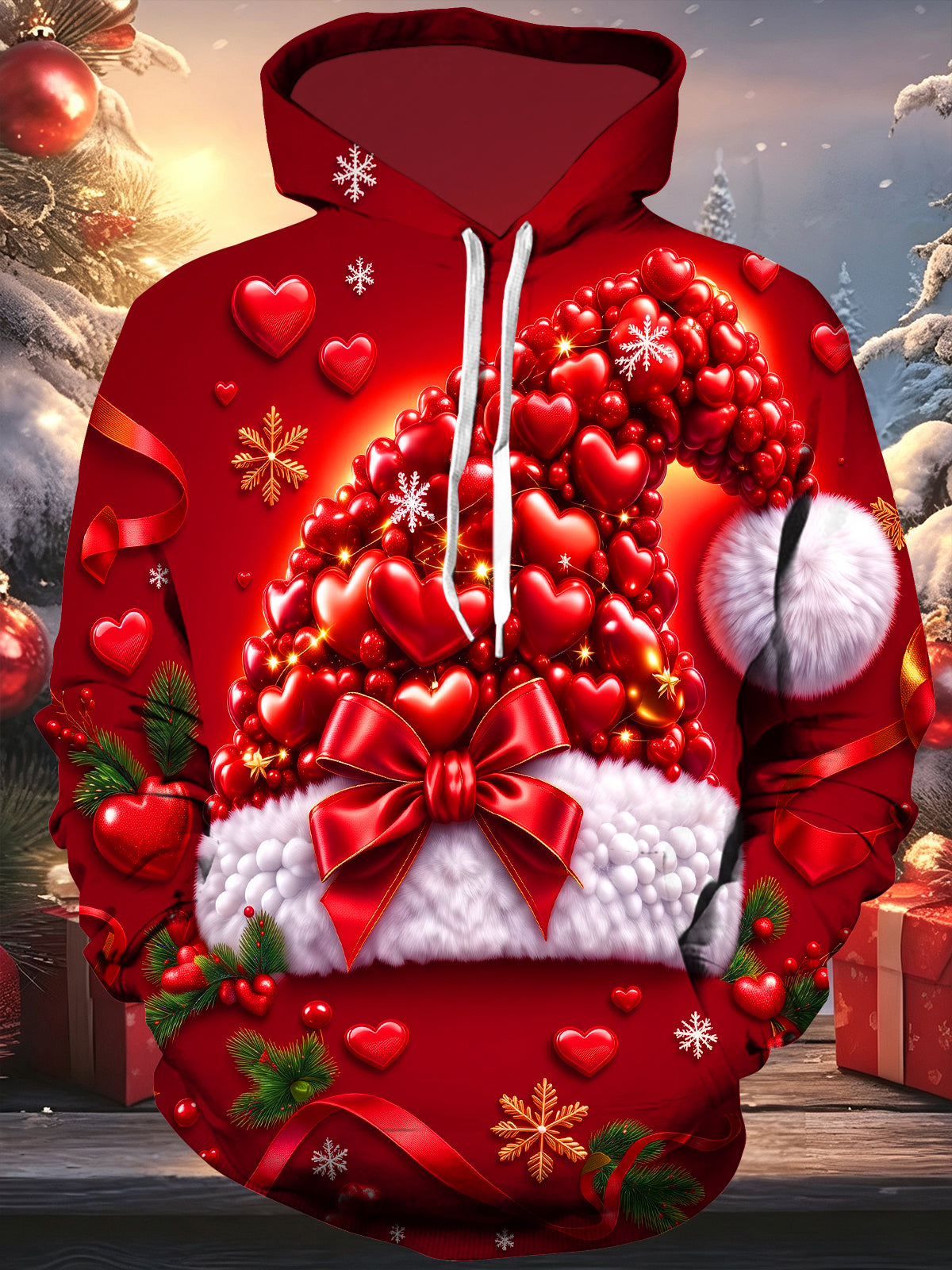 Adaychic Men's Christmas Hat Made Of Red Hearts Print Long Sleeve Hoodie