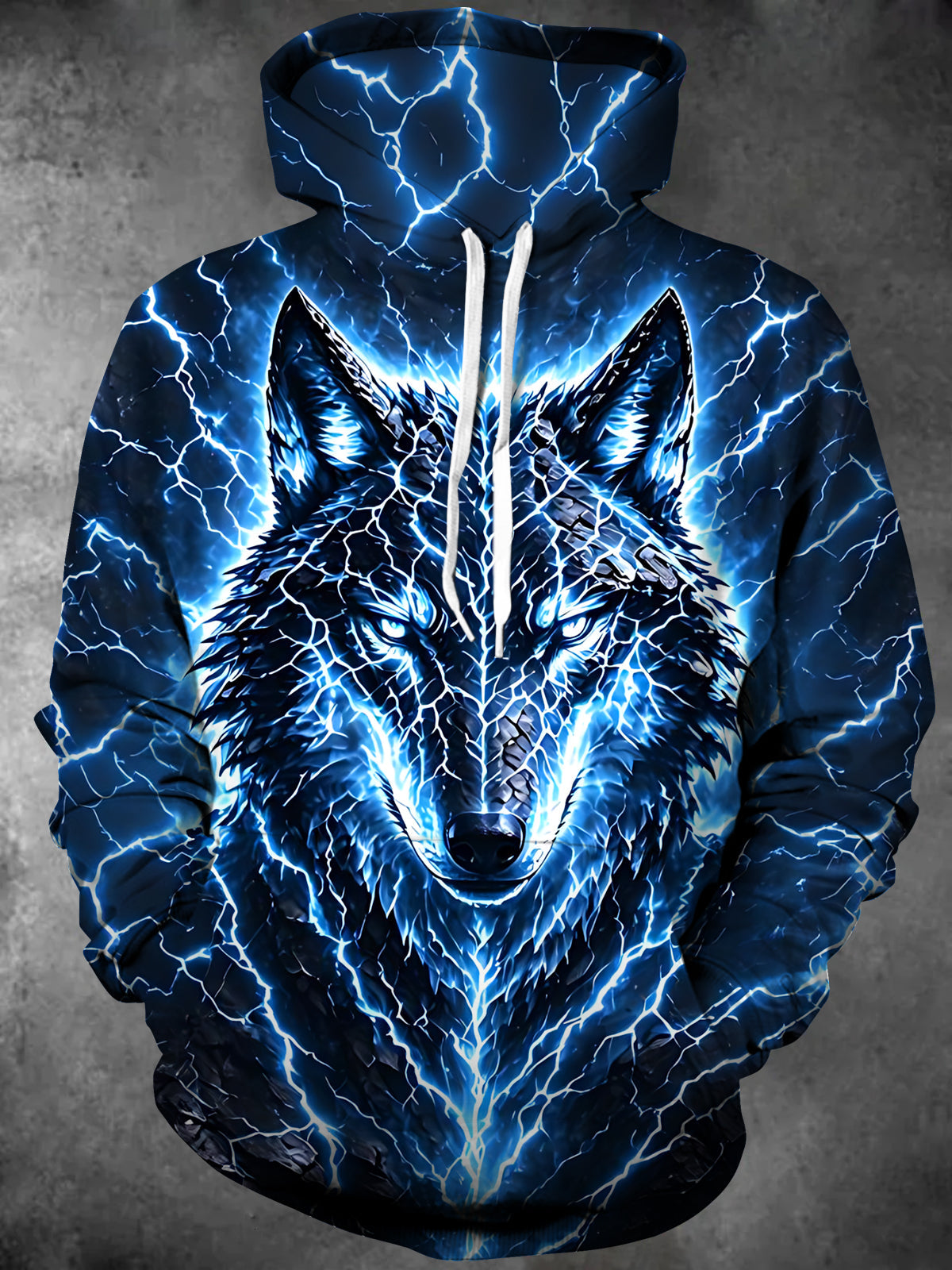 Adaychic Men's Long Sleeve Pullover Hoodie - Wolf Head With Lightning Cracks Print with Kangaroo Pocket