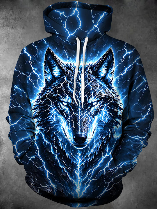 Adaychic Men's Long Sleeve Pullover Hoodie - Wolf Head With Lightning Cracks Print with Kangaroo Pocket