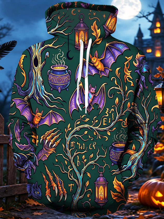 Adaychic Men's Long Sleeve Hoodie - Halloween Bats And Cauldrons In A Dark Forest Print