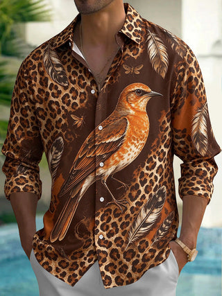 Adaychic Men's Printed Bird And Leopard Print Long Sleeve Shirt with Chest Pocket