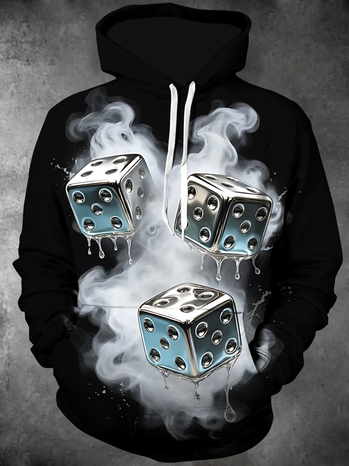 Adaychic Men's Metallic Dice With Smoke And Drips Print Long Sleeve Hoodie