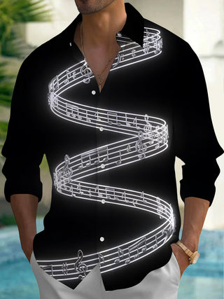 Adaychic Men's Printed Musical Notes And Staff Lines Print Long Sleeve Shirt with Chest Pocket