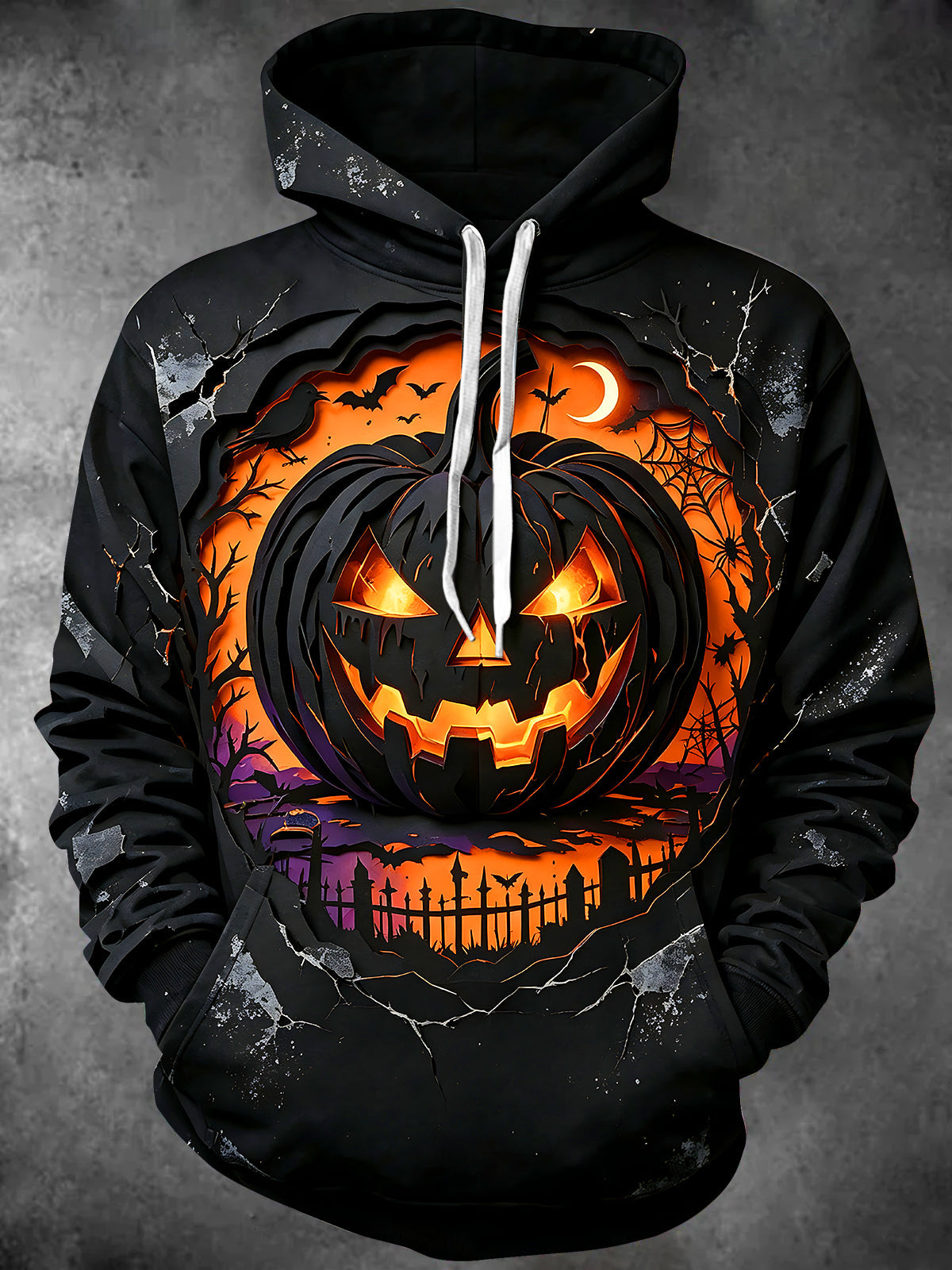 Adaychic Men's Long Sleeve Hoodie - Halloween Jack-o-lantern And Graveyard Scene Print