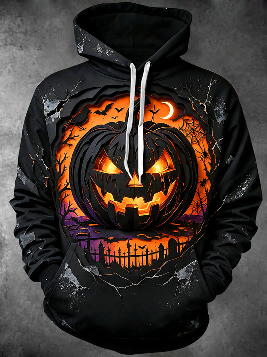 Adaychic Men's Long Sleeve Hoodie - Halloween Jack-o-lantern And Graveyard Scene Print